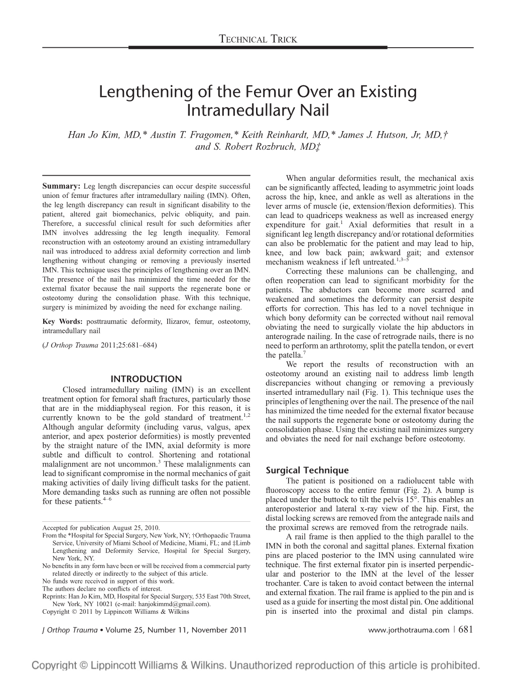 Lengthening of the Femur Over an Existing Intramedullary Nail Han Jo Kim, MD,* Austin T