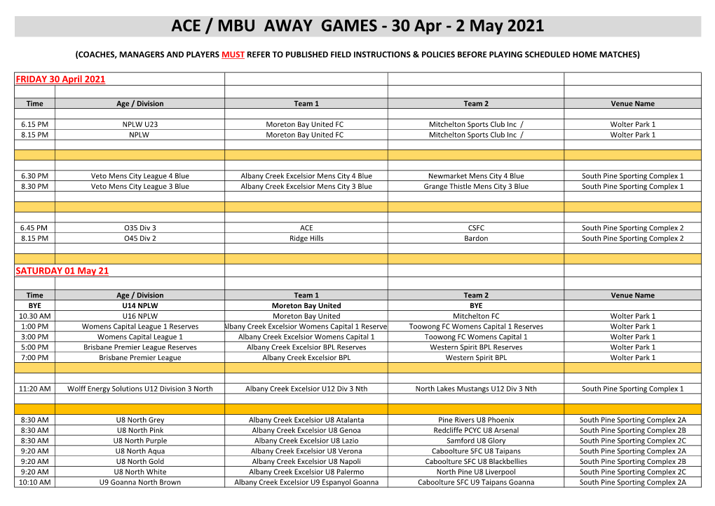 ACE / MBU AWAY GAMES - 30 Apr - 2 May 2021