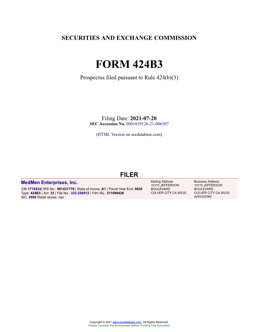 Medmen Enterprises, Inc. Form 424B3 Filed 2021-07-20