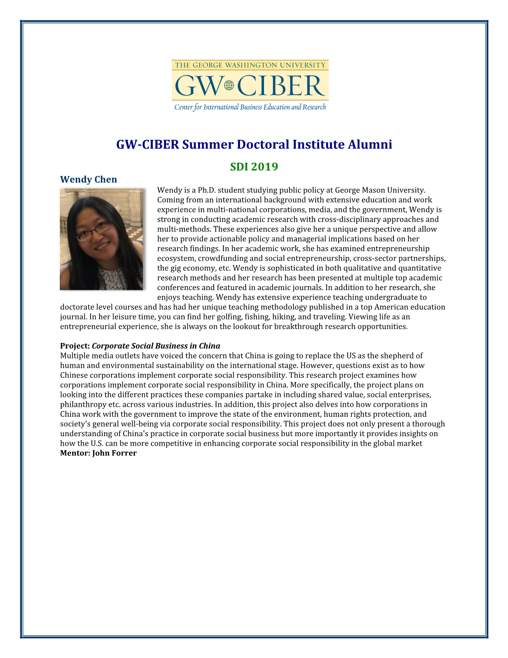 GW-CIBER Summer Doctoral Institute Alumni