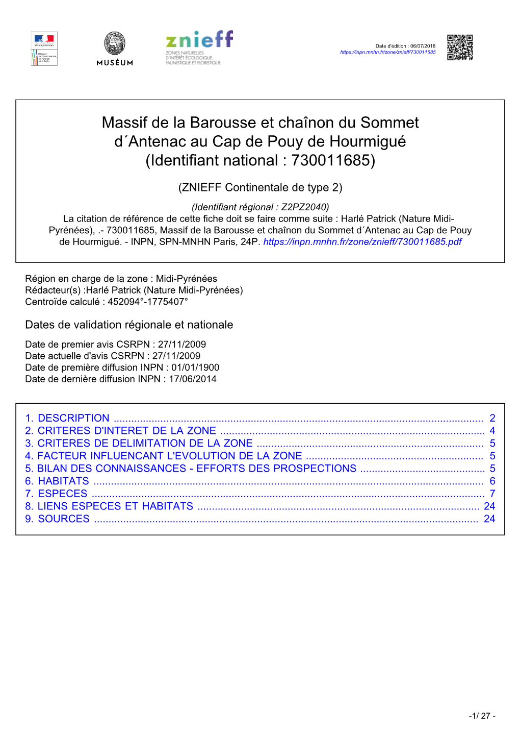 Massif De La Barousse Et Chaînon Du Sommet D´Antenac Au Cap De Pouy De Hourmigué (Identifiant National : 730011685)