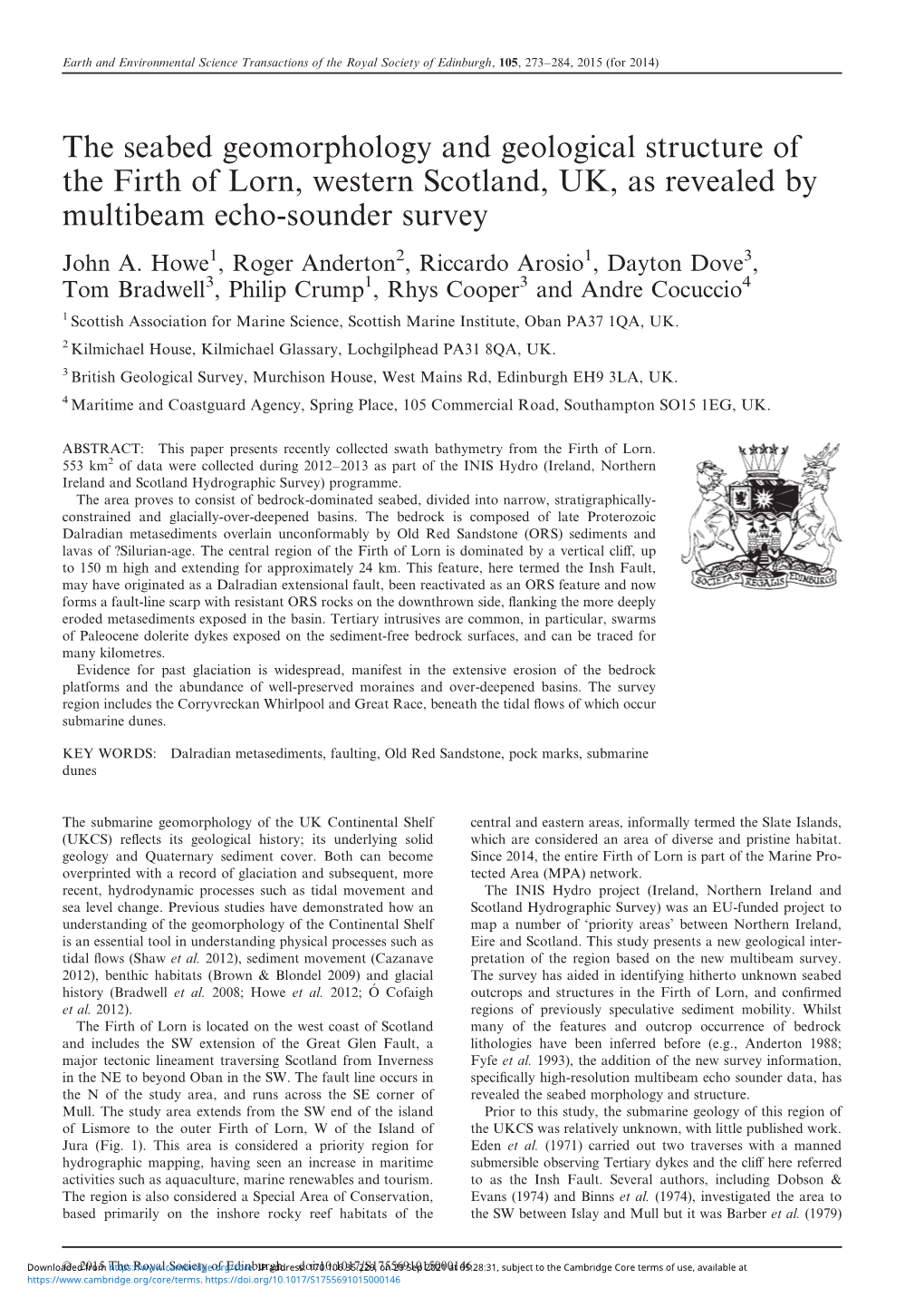 The Seabed Geomorphology and Geological Structure of the Firth of Lorn, Western Scotland, UK, As Revealed by Multibeam Echo-Sounder Survey John A