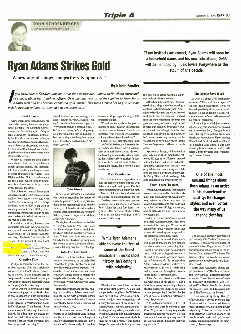 Ryan Adams Strikes Gold Album of the Decade