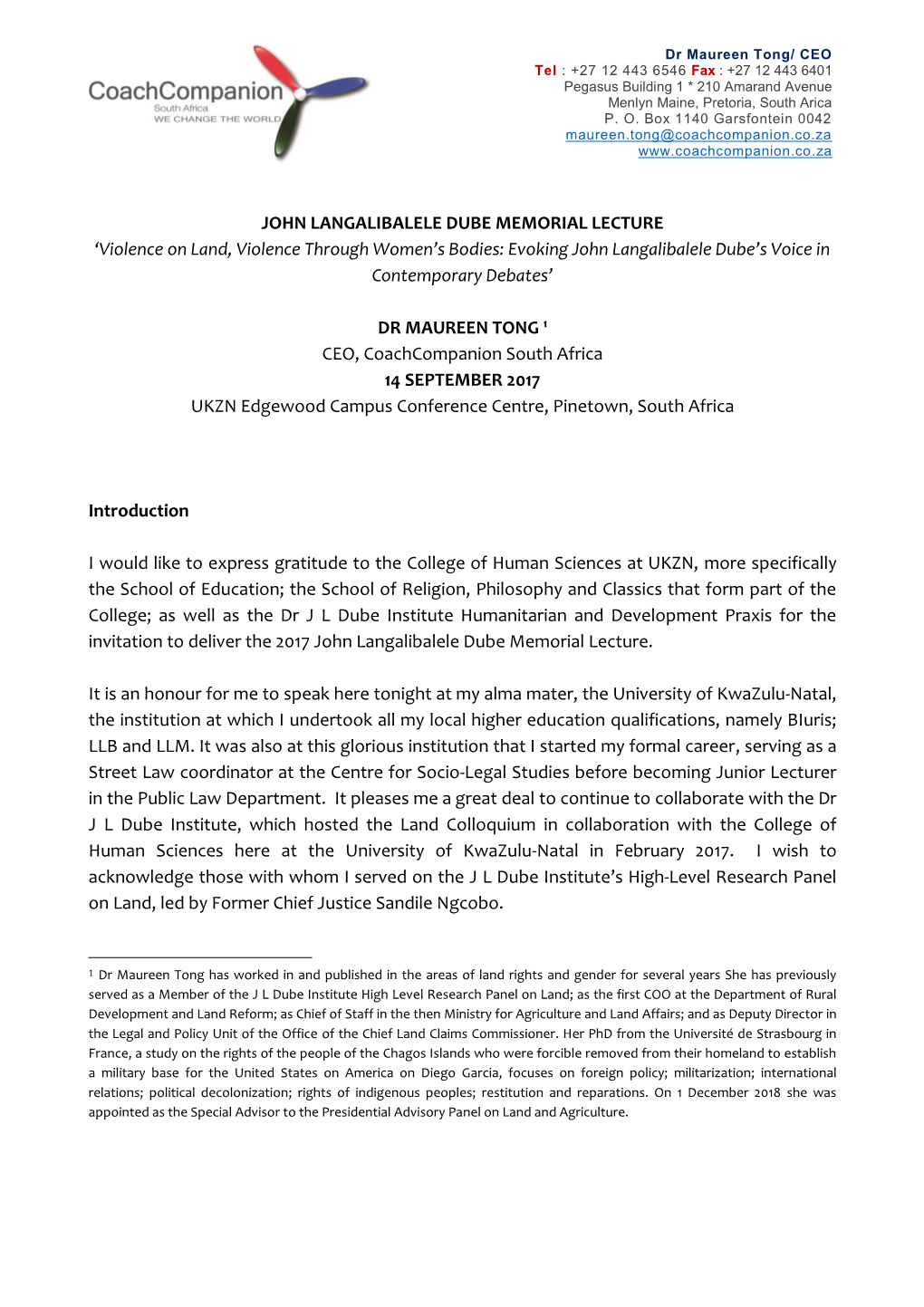 JOHN LANGALIBALELE DUBE MEMORIAL LECTURE ‘Violence on Land, Violence Through Women’S Bodies: Evoking John Langalibalele Dube’S Voice in Contemporary Debates’