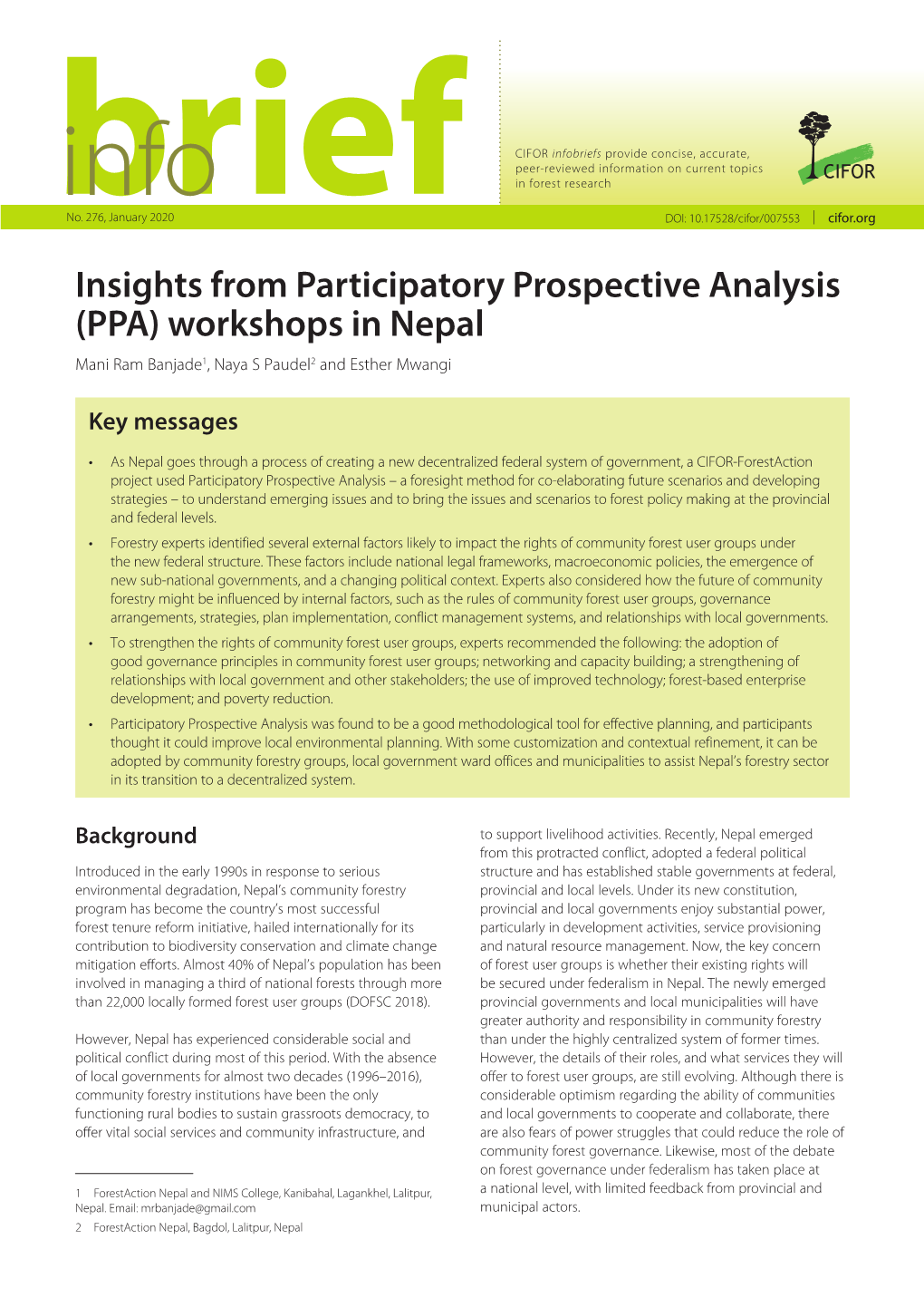 PPA) Workshops in Nepal Mani Ram Banjade1, Naya S Paudel2 and Esther Mwangi