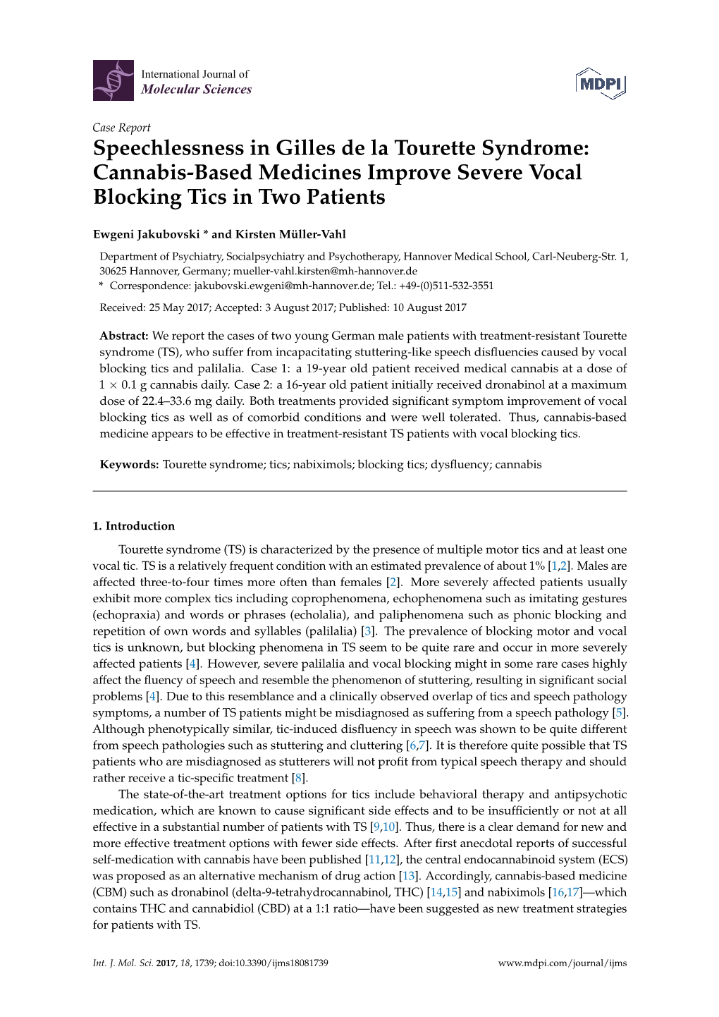 Cannabis-Based Medicines Improve Severe Vocal Blocking Tics in Two Patients