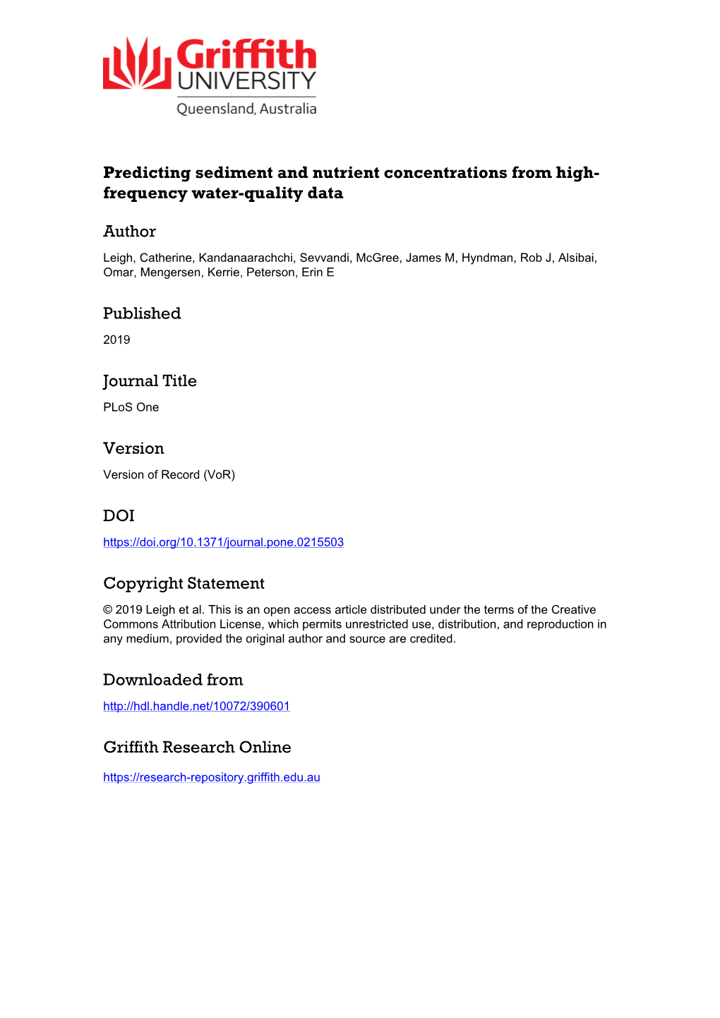 Predicting Sediment and Nutrient Concentrations from High-Frequency Water- Quality Data