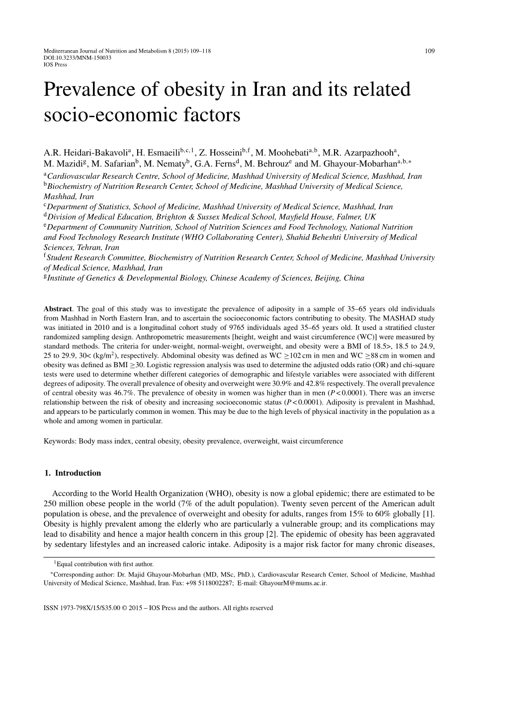 Prevalence of Obesity in Iran and Its Related Socio-Economic Factors