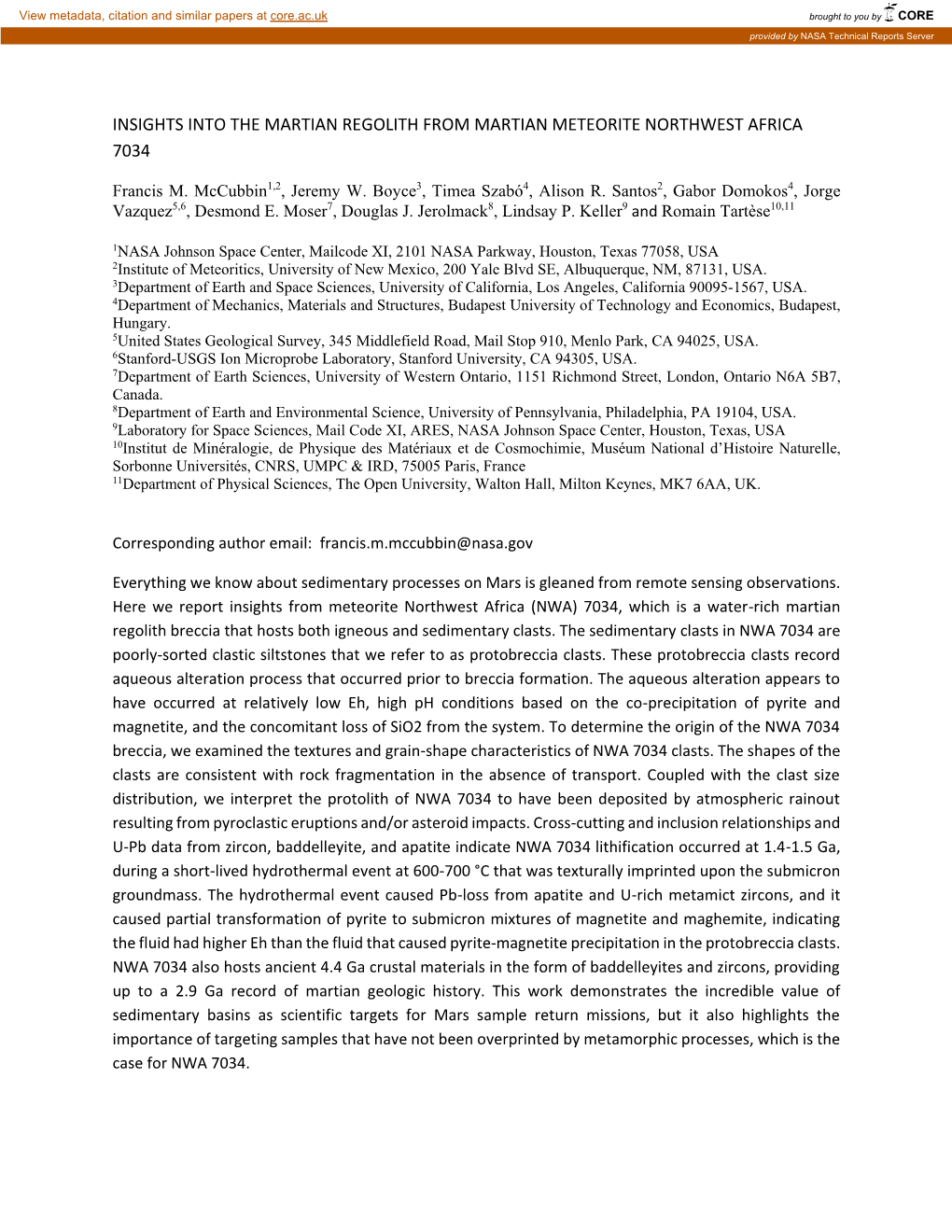 Insights Into the Martian Regolith from Martian Meteorite Northwest Africa 7034