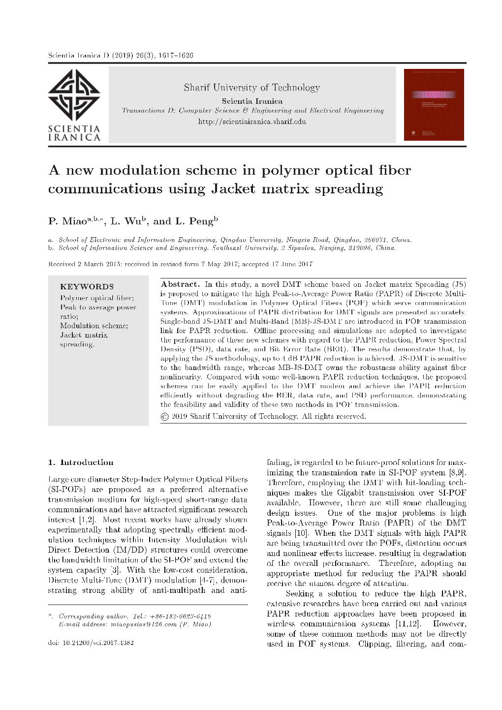 A New Modulation Scheme in Polymer Optical Ber Communications Using Jacket Matrix Spreading