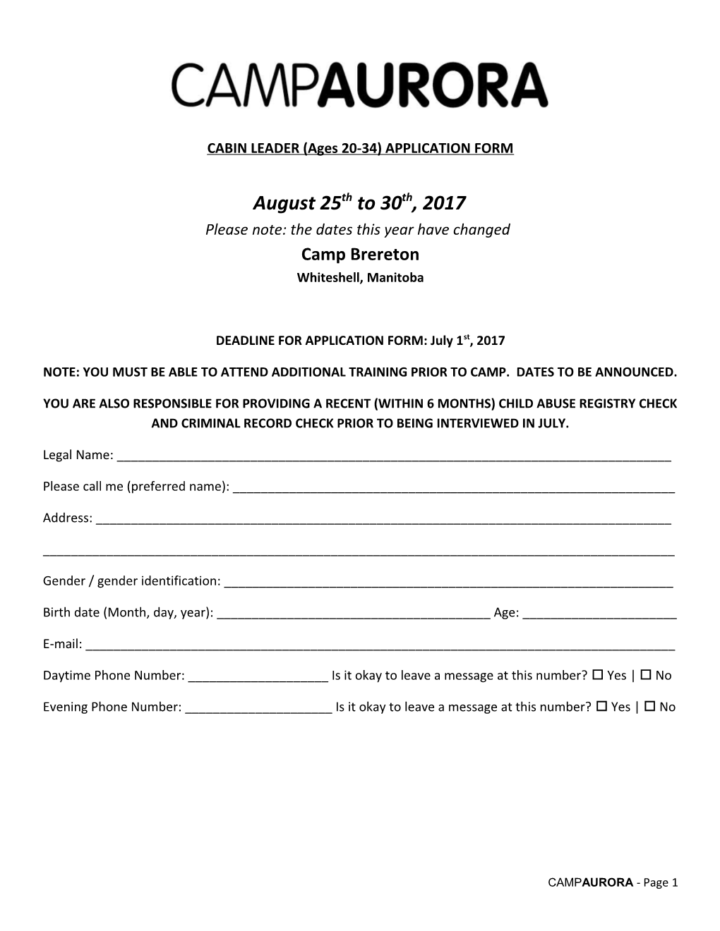 CABIN LEADER (Ages 20-34) APPLICATION FORM