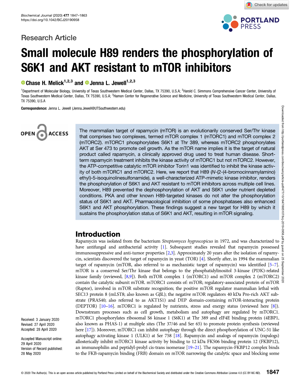 Small Molecule H89 Renders the Phosphorylation of S6K1 and AKT Resistant to Mtor Inhibitors