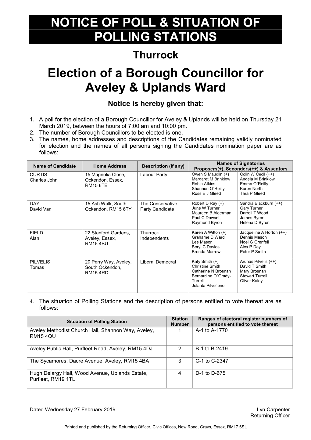 Notice of Poll and Situation of Polling Stations, Aveley and Uplands Ward