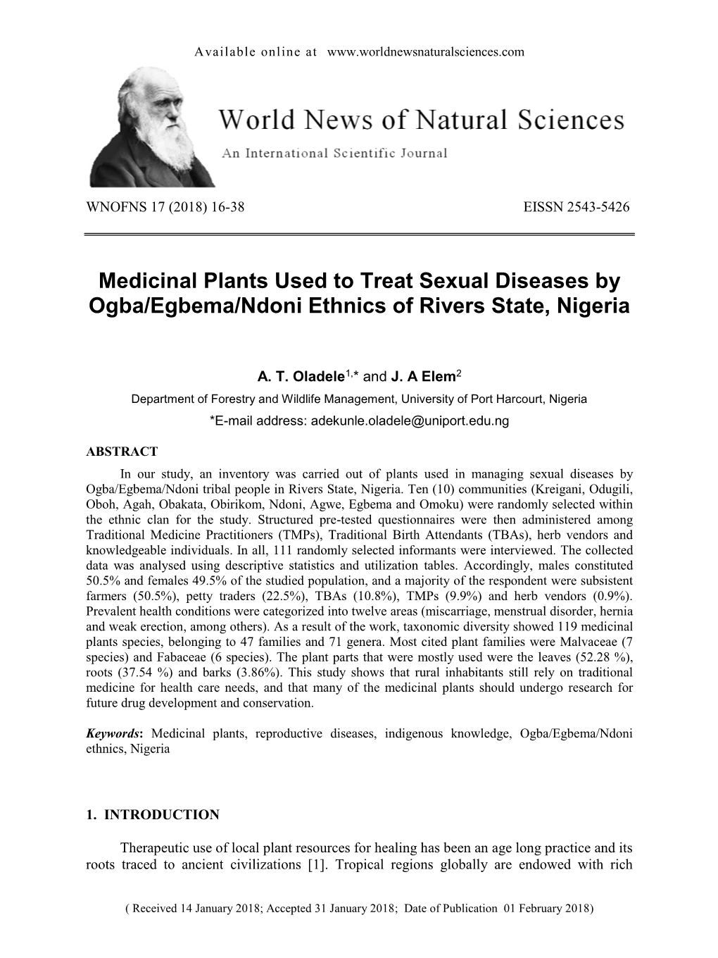 Medicinal Plants Used to Treat Sexual Diseases by Ogba/Egbema/Ndoni Ethnics of Rivers State, Nigeria