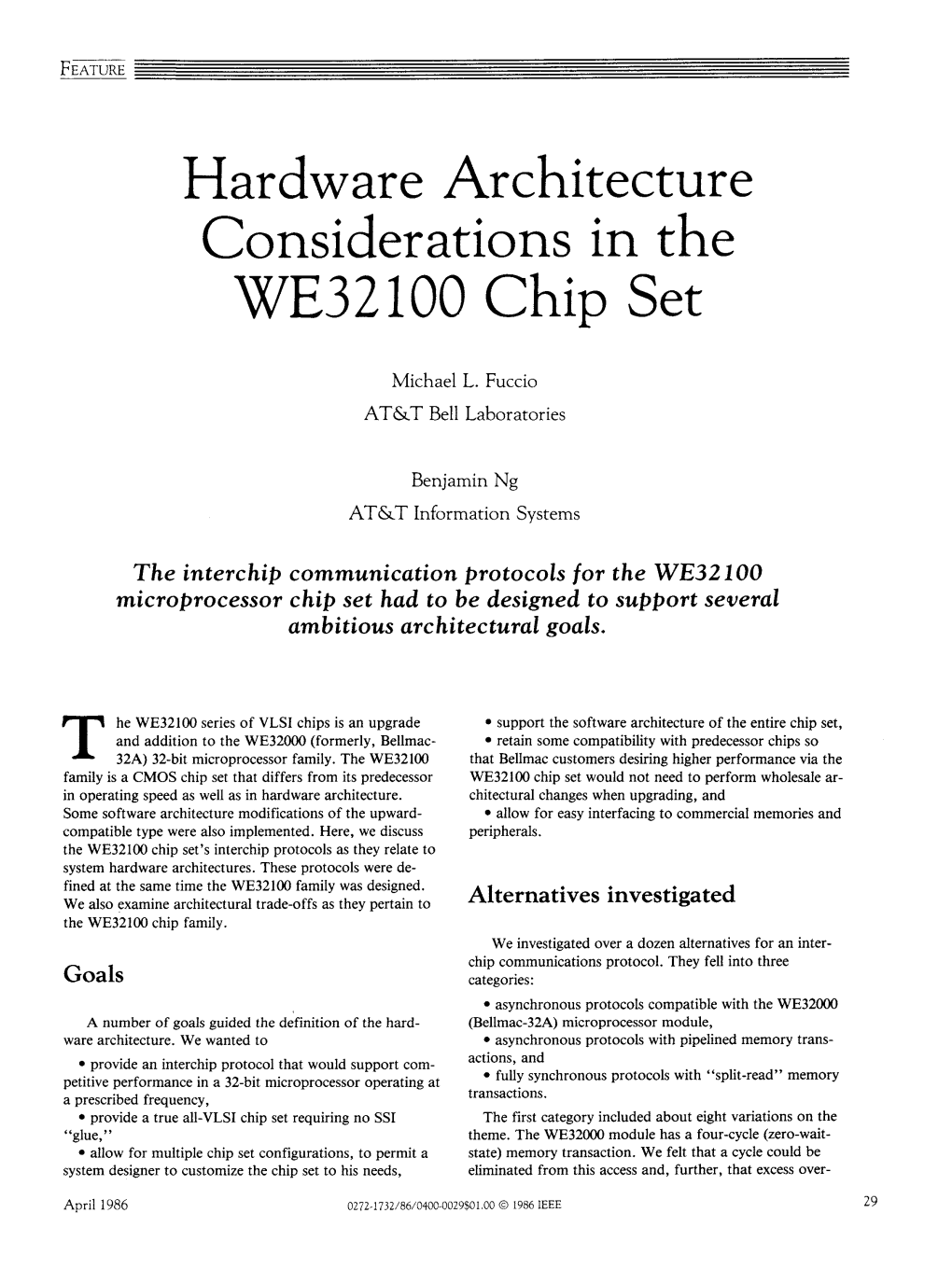 Hardware Architecture Considerations in the WE32100 Chip Set