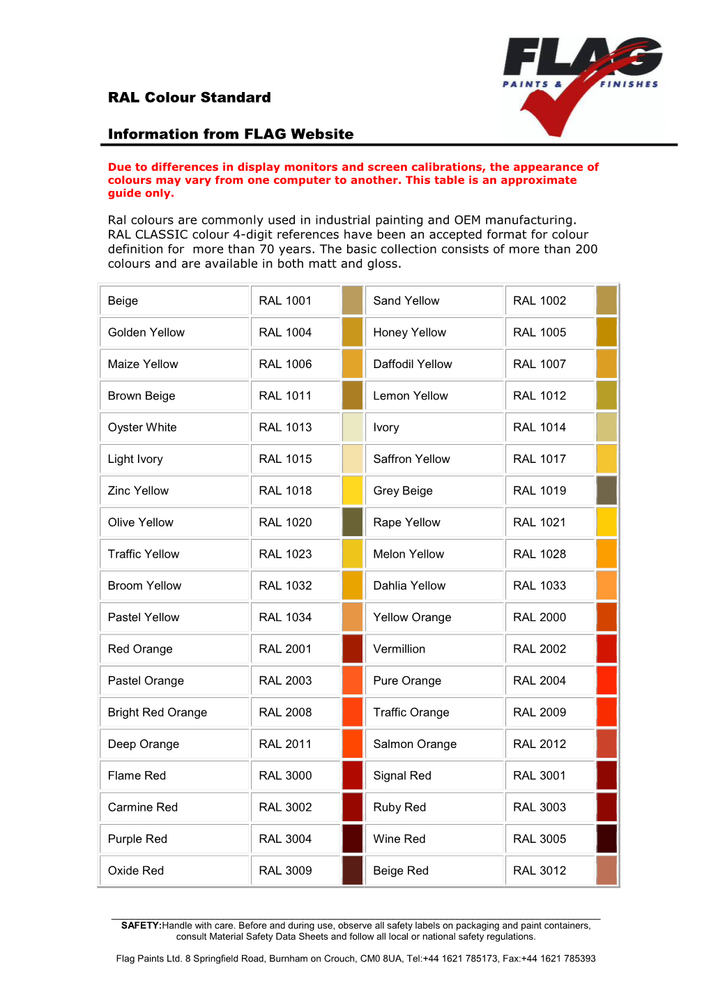 RAL Colour Standard Information from FLAG Website