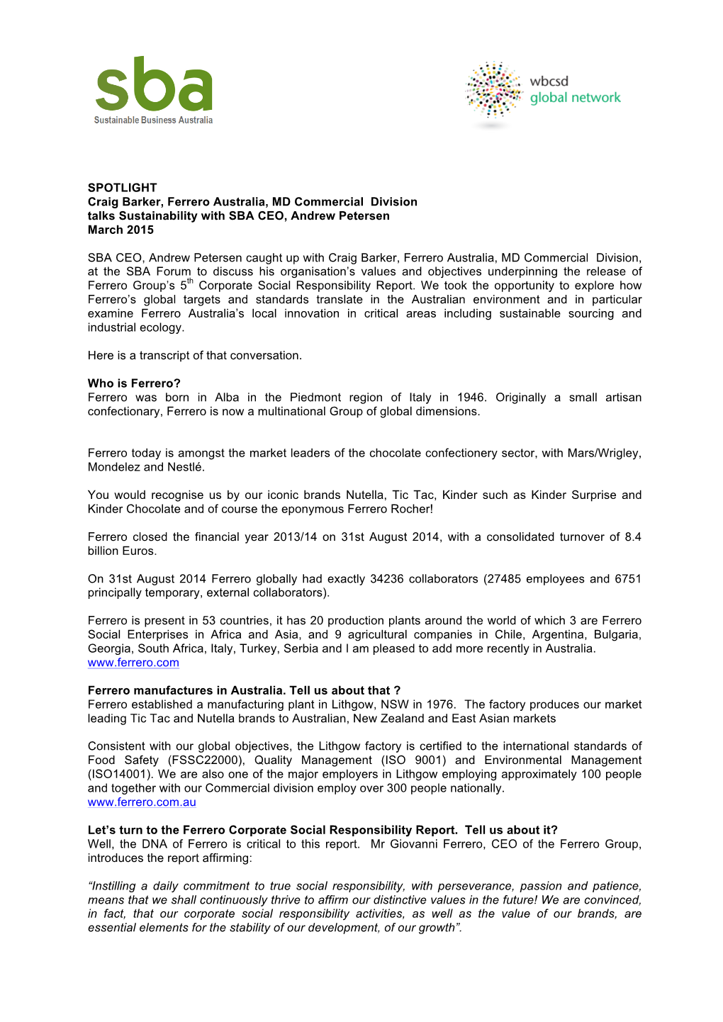 SPOTLIGHT Craig Barker, Ferrero Australia, MD Commercial Division Talks Sustainability with SBA CEO, Andrew Petersen March 2015