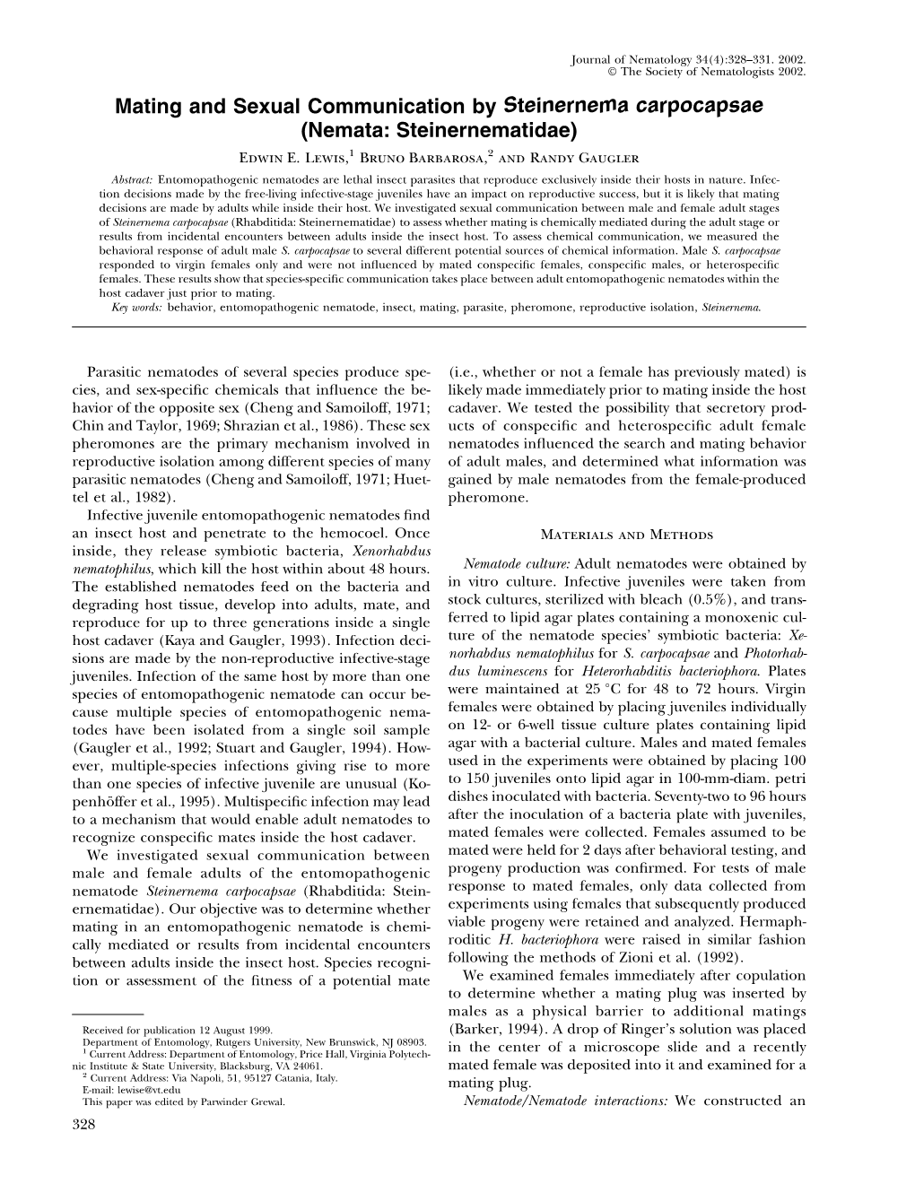 Mating and Sexual Communication by Steinernema Carpocapsae (Nemata: Steinernematidae) Edwin E