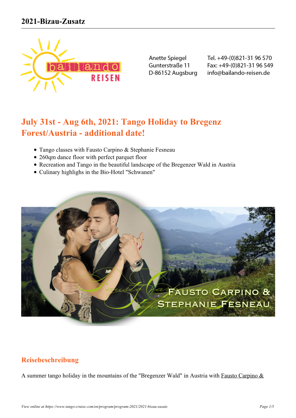 Tango Holiday to Bregenz Forest/Austria - Additional Date!