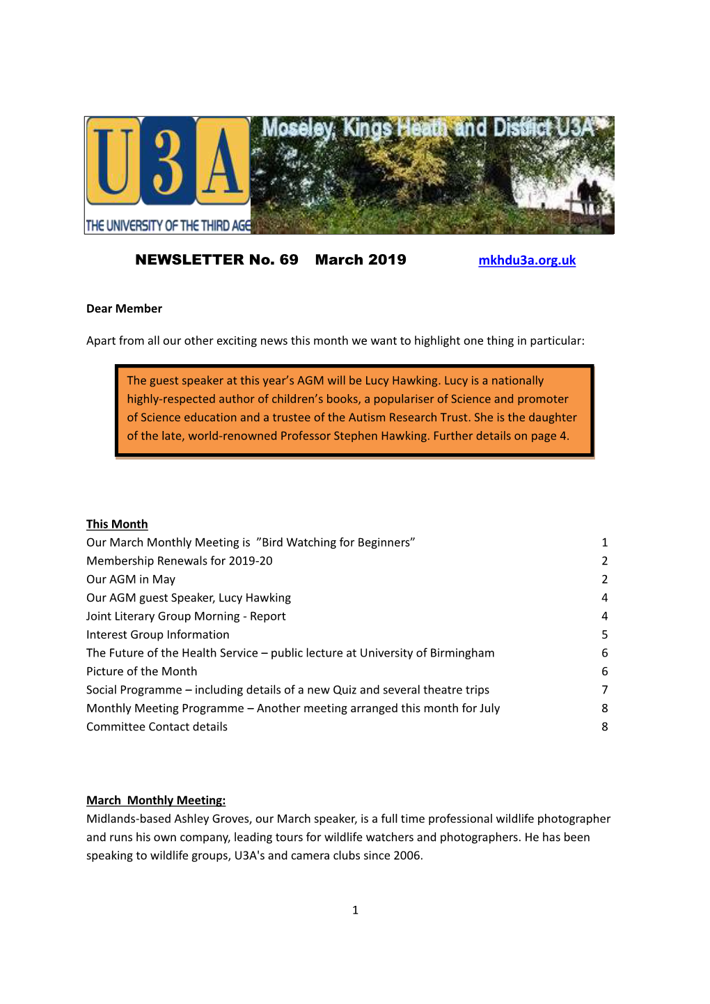 NEWSLETTER No. 69 March 2019 Mkhdu3a.Org.Uk