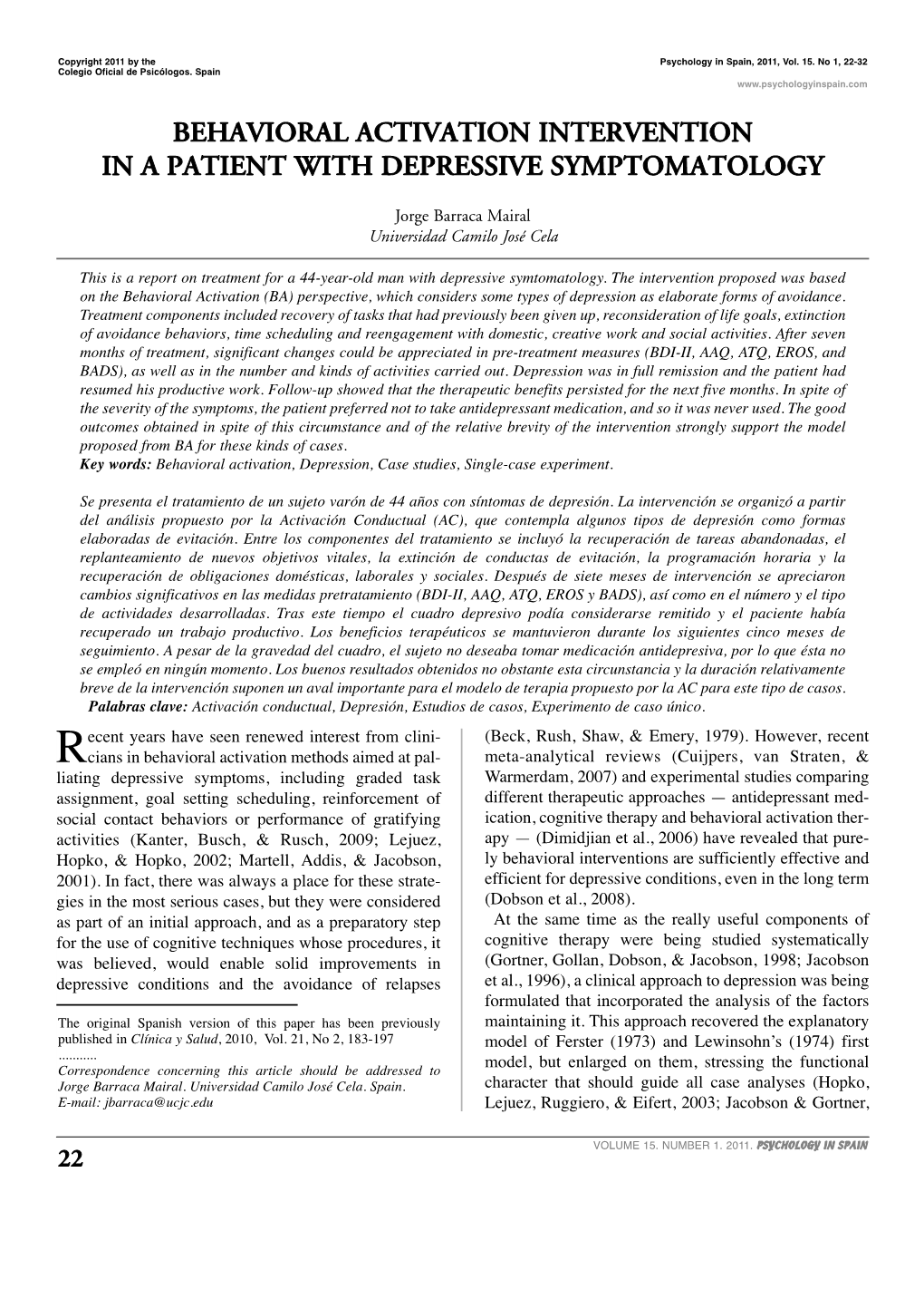 Behavioral Activation Intervention in a Patient with Depressive Symptomatology