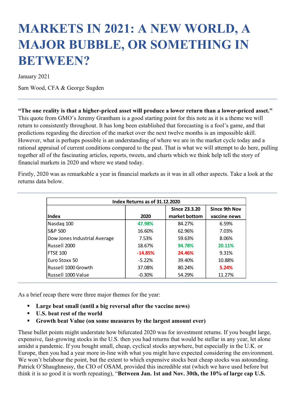 MARKETS in 2021: a NEW WORLD, a MAJOR BUBBLE, OR SOMETHING in BETWEEN? January 2021 Sam Wood, CFA & George Sugden