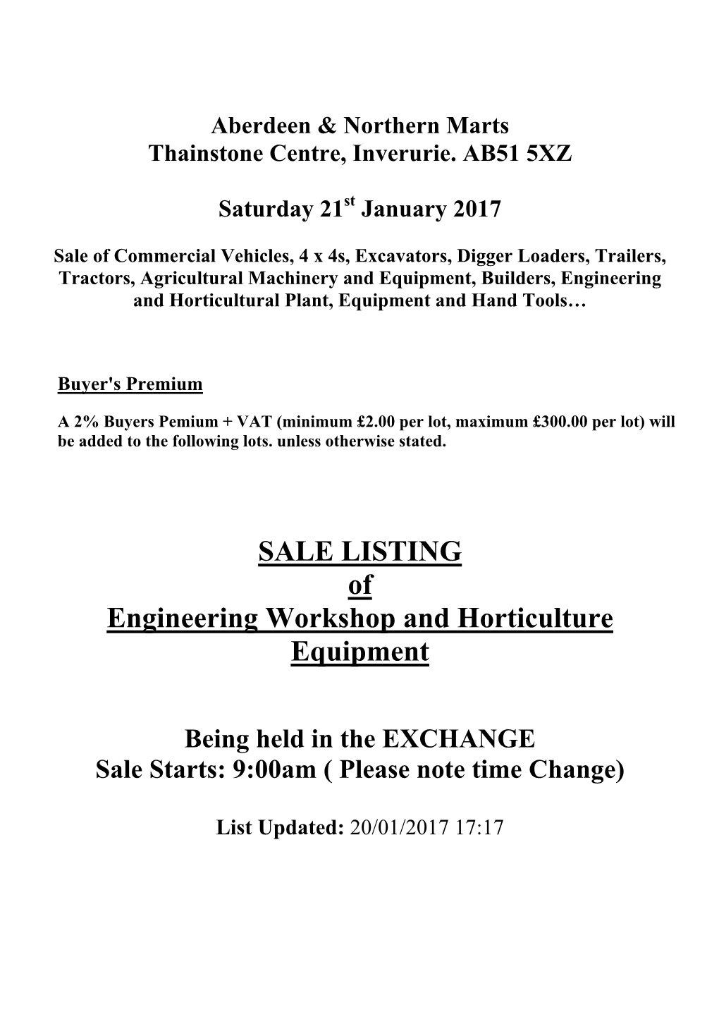 SALE LISTING of Engineering Workshop and Horticulture Equipment