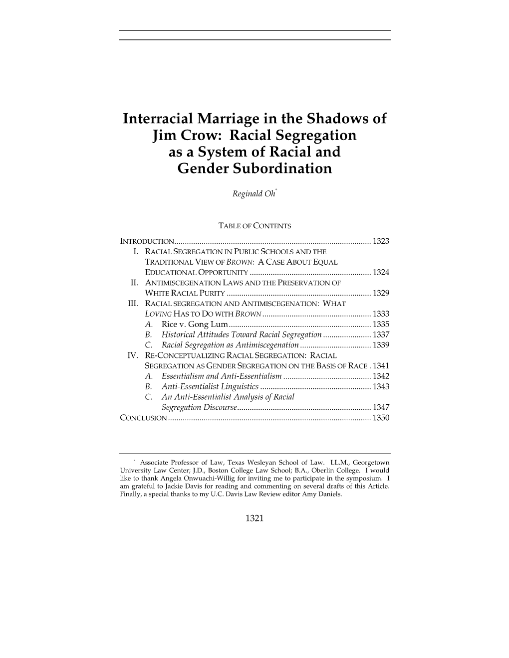 Interracial Marriage in the Shadows of Jim Crow: Racial Segregation As a System of Racial and Gender Subordination