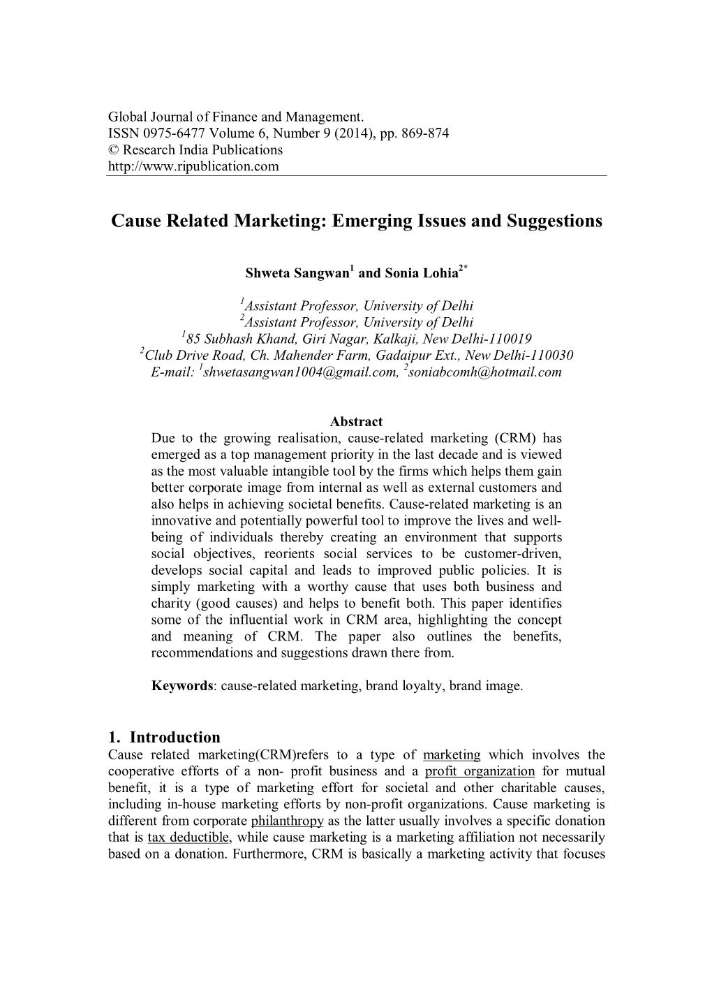 Cause Related Marketing: Emerging Issues and Suggestions