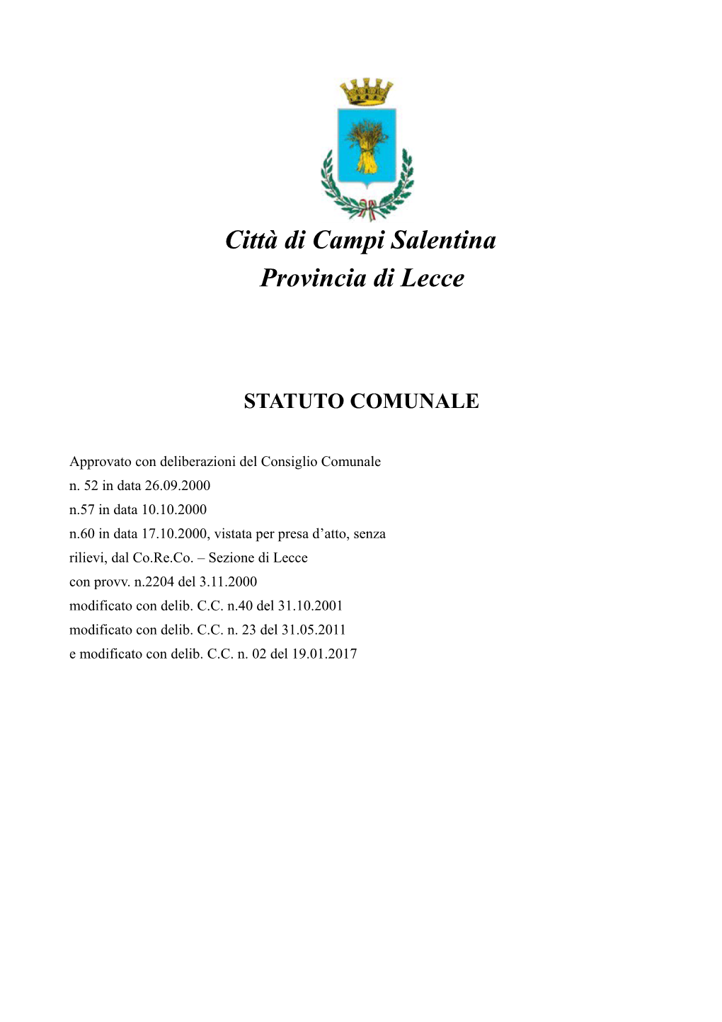 Città Di Campi Salentina Provincia Di Lecce STATUTO COMUNALE