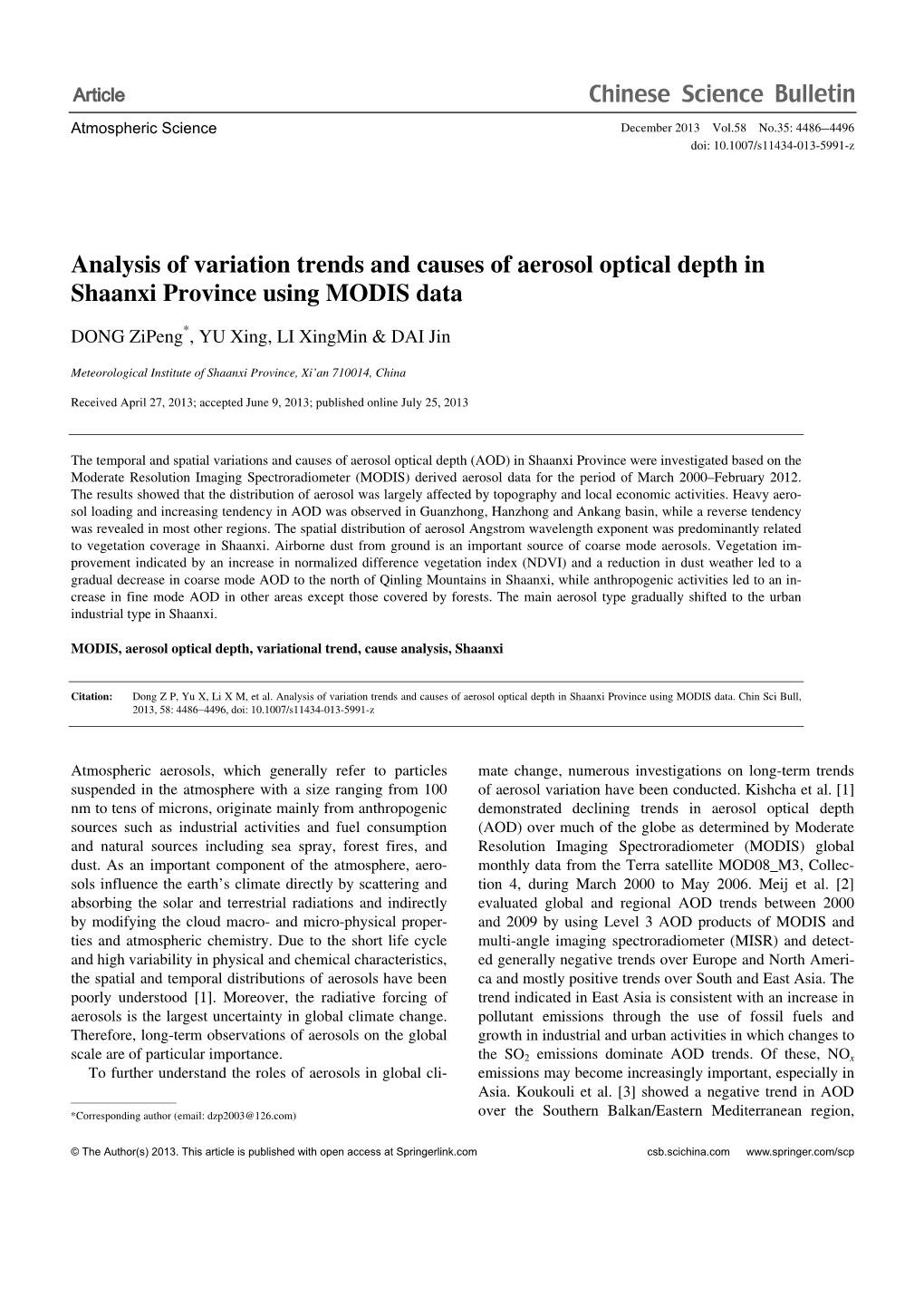 Analysis of Variation Trends and Causes of Aerosol Optical Depth in Shaanxi Province Using MODIS Data