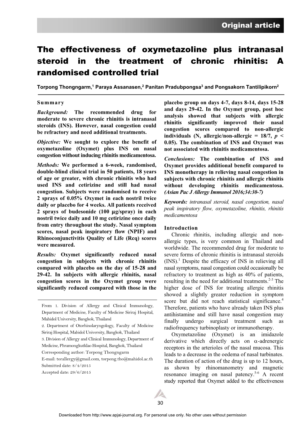 The Effectiveness of Oxymetazoline Plus Intranasal Steroid in the Treatment of Chronic Rhinitis: a Randomised Controlled Trial