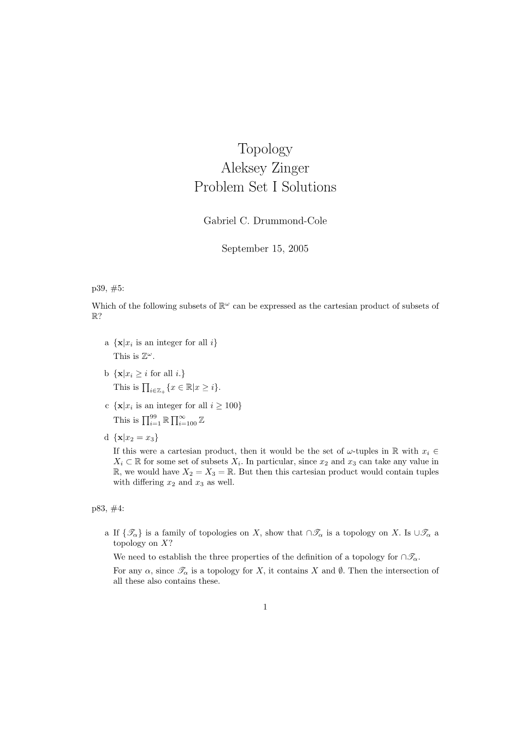 Topology Aleksey Zinger Problem Set I Solutions