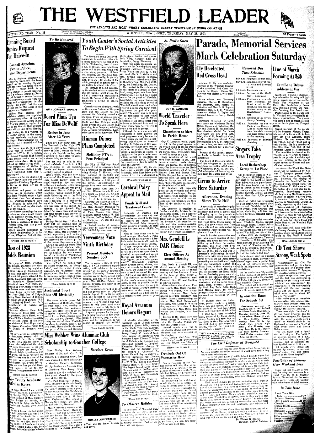 WESTFIELD LEADER the LEADING and MOST WIDELY CIRCULATED WEEKLY NEWSPAPER in UNION COVNTYU Jsntuml Ua Second Cla*»A Matter 1'Out Ofllco, Wostllelu, N