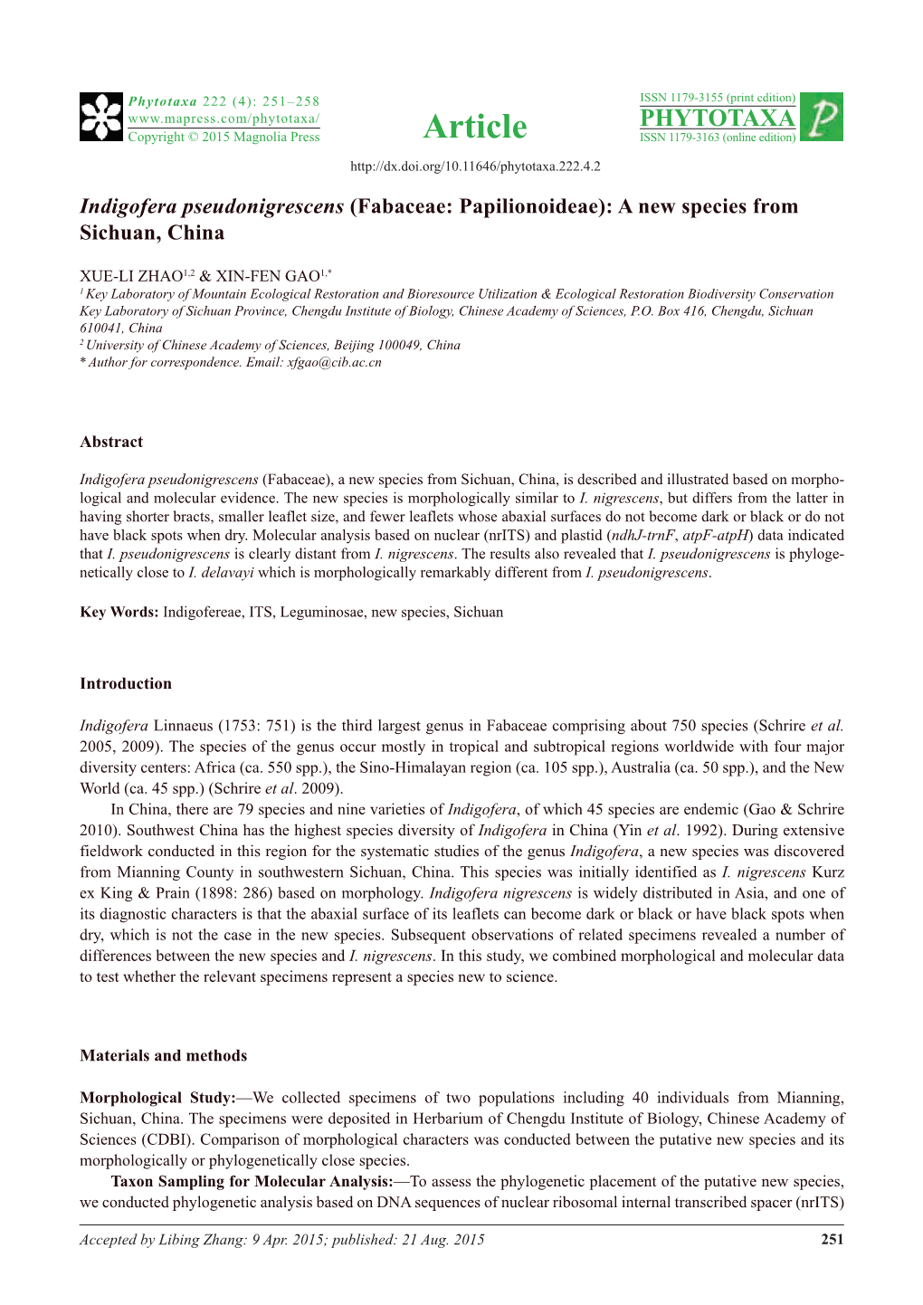 Indigofera Pseudonigrescens (Fabaceae: Papilionoideae): a New Species from Sichuan, China