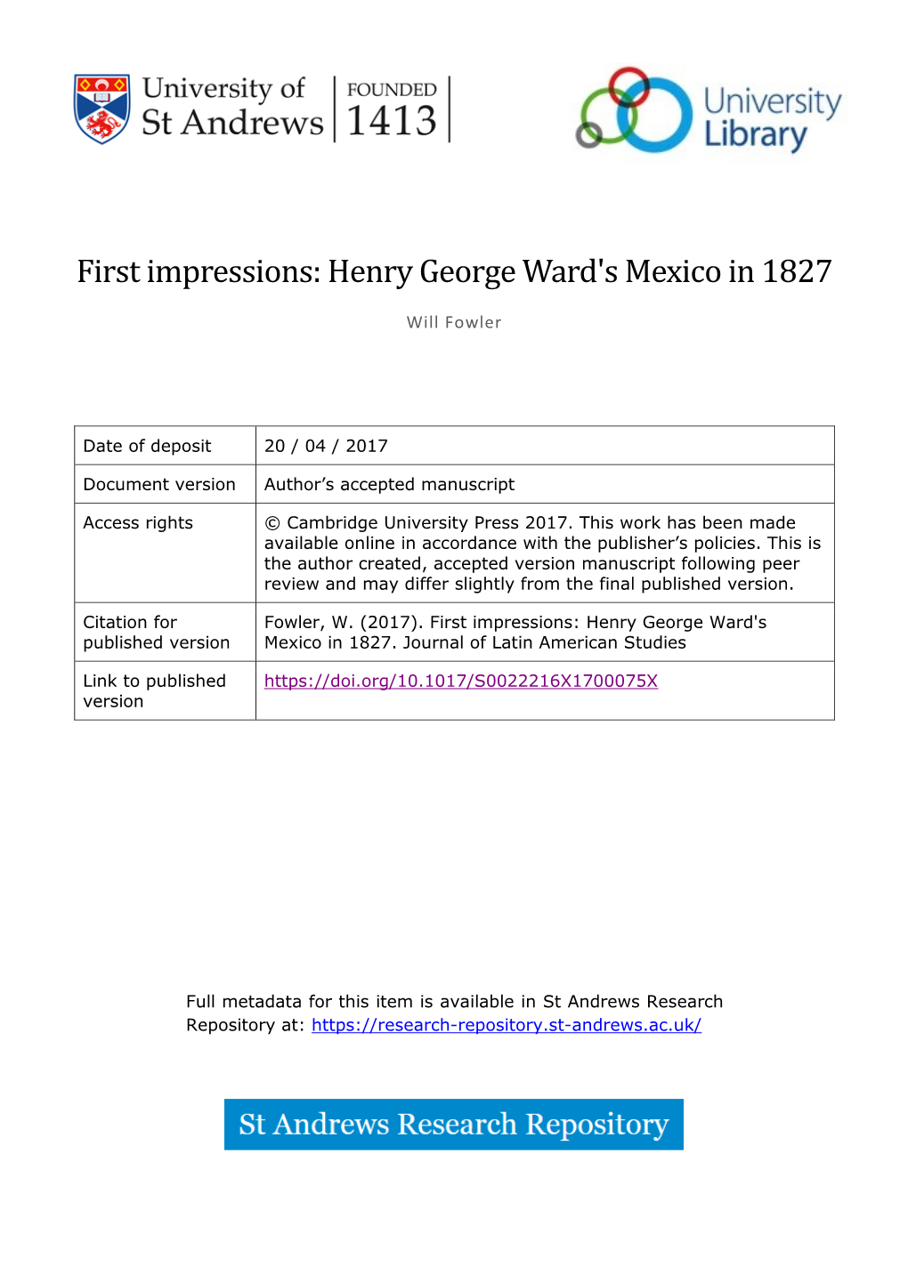 First Impressions: Henry George Ward's Mexico in 1827