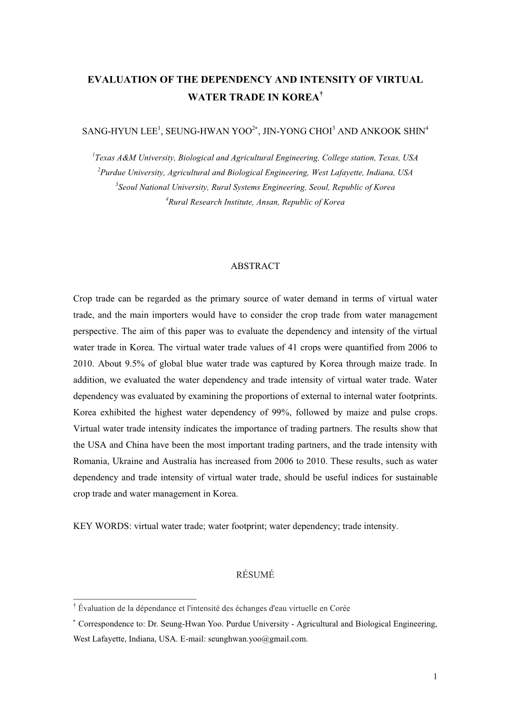 Evaluation of the Dependency and Intensity of Virtual Water Trade in Korea†