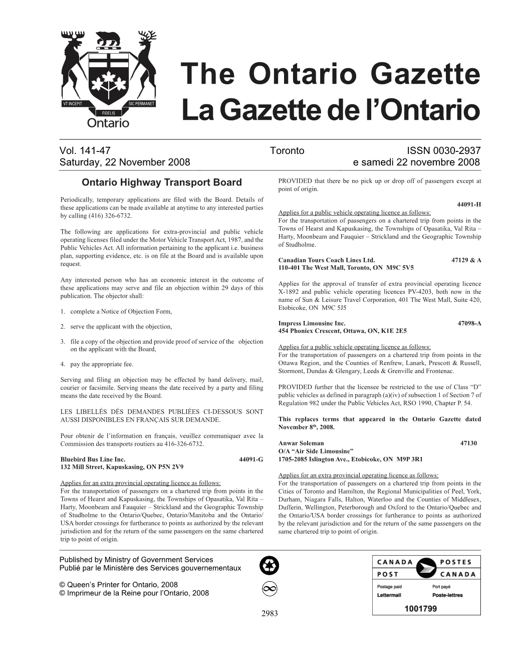 Ontario Gazette Volume 141 Issue 47, La Gazette De L'ontario Volume 141