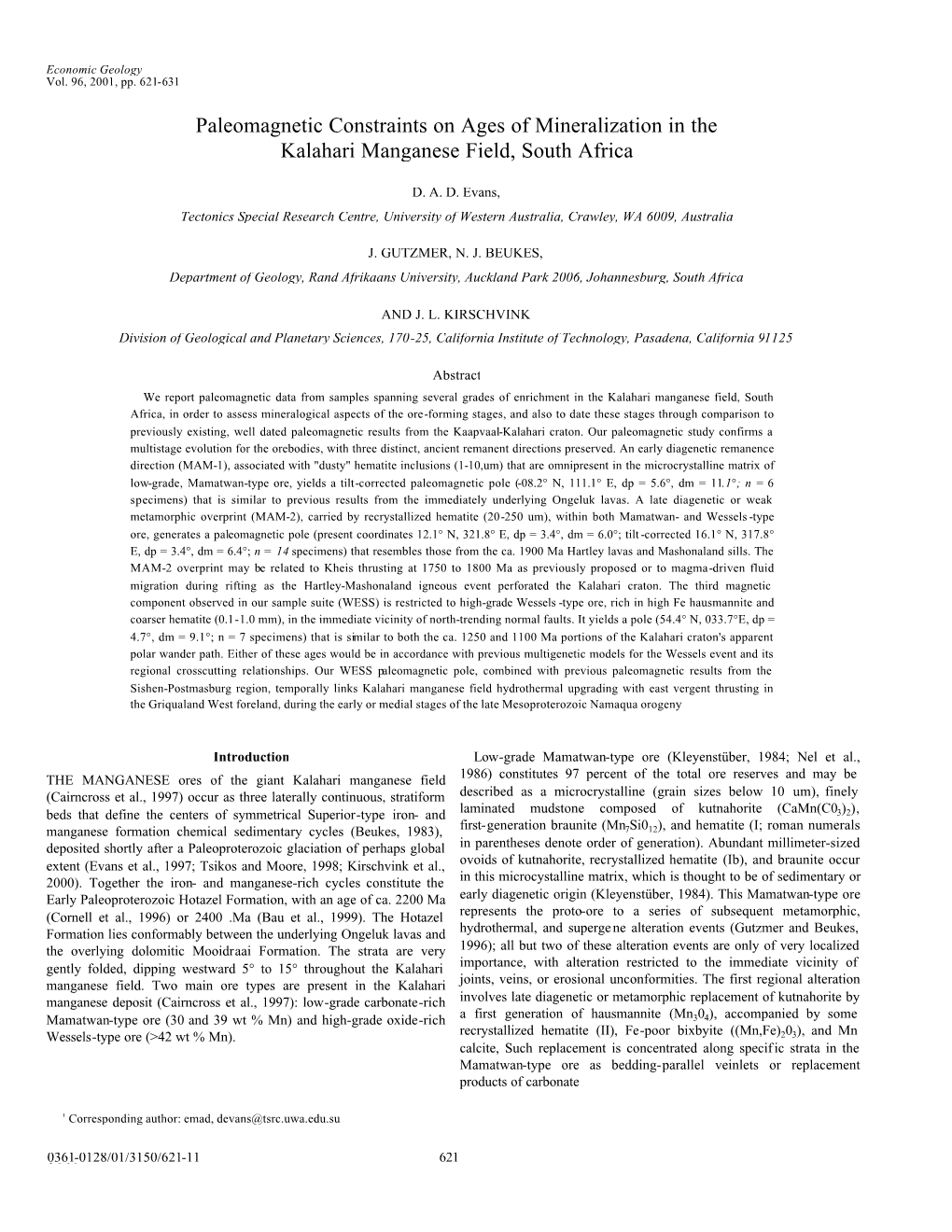 Paleomagnetic Constraints on Ages of Mineralization in the Kalahari Manganese Field, South Africa