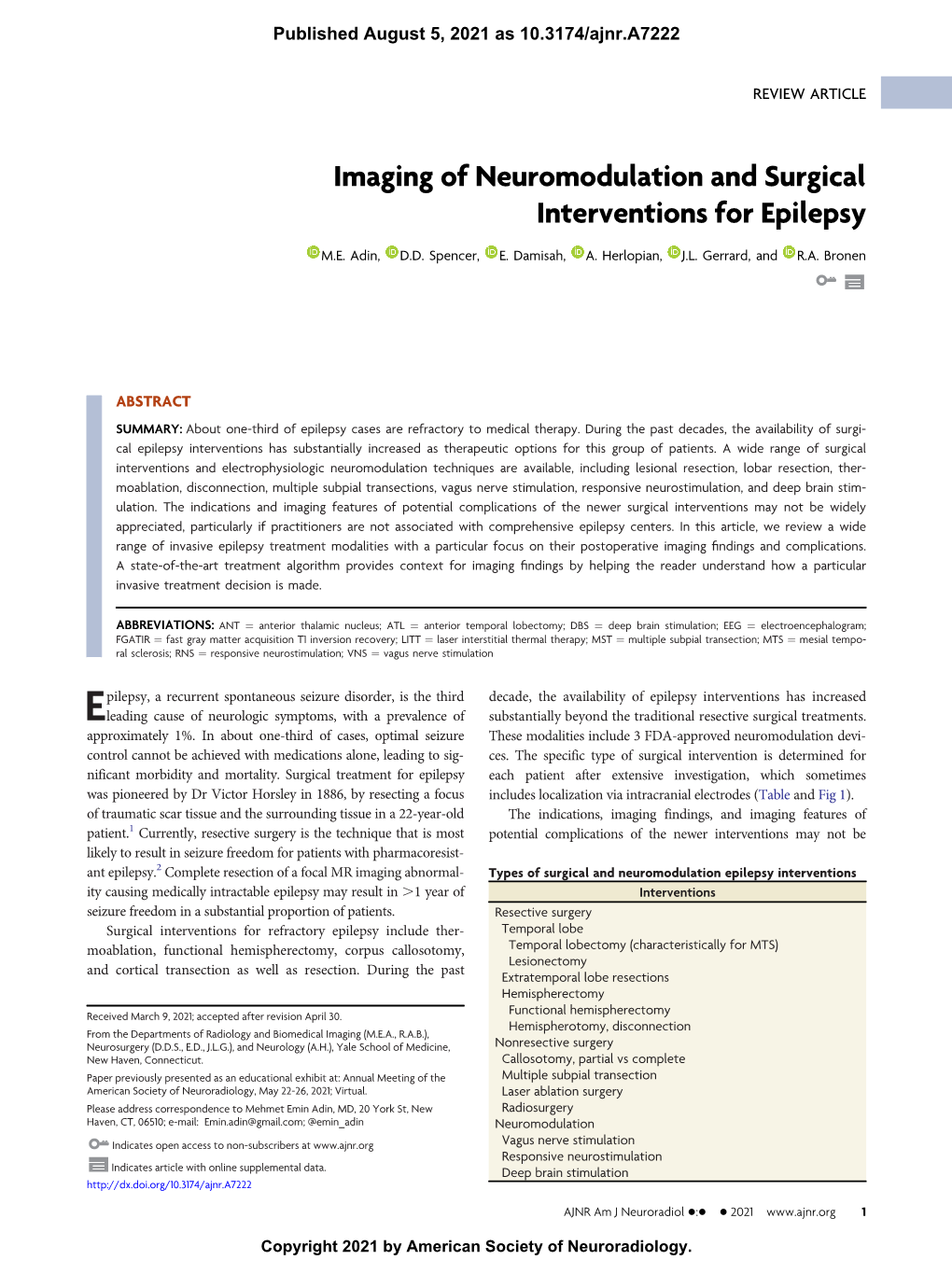 Imaging of Neuromodulation and Surgical Interventions for Epilepsy