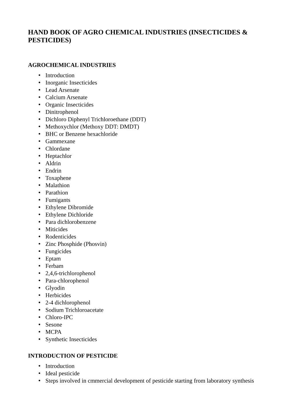 Hand Book of Agro Chemical Industries (Insecticides & Pesticides)