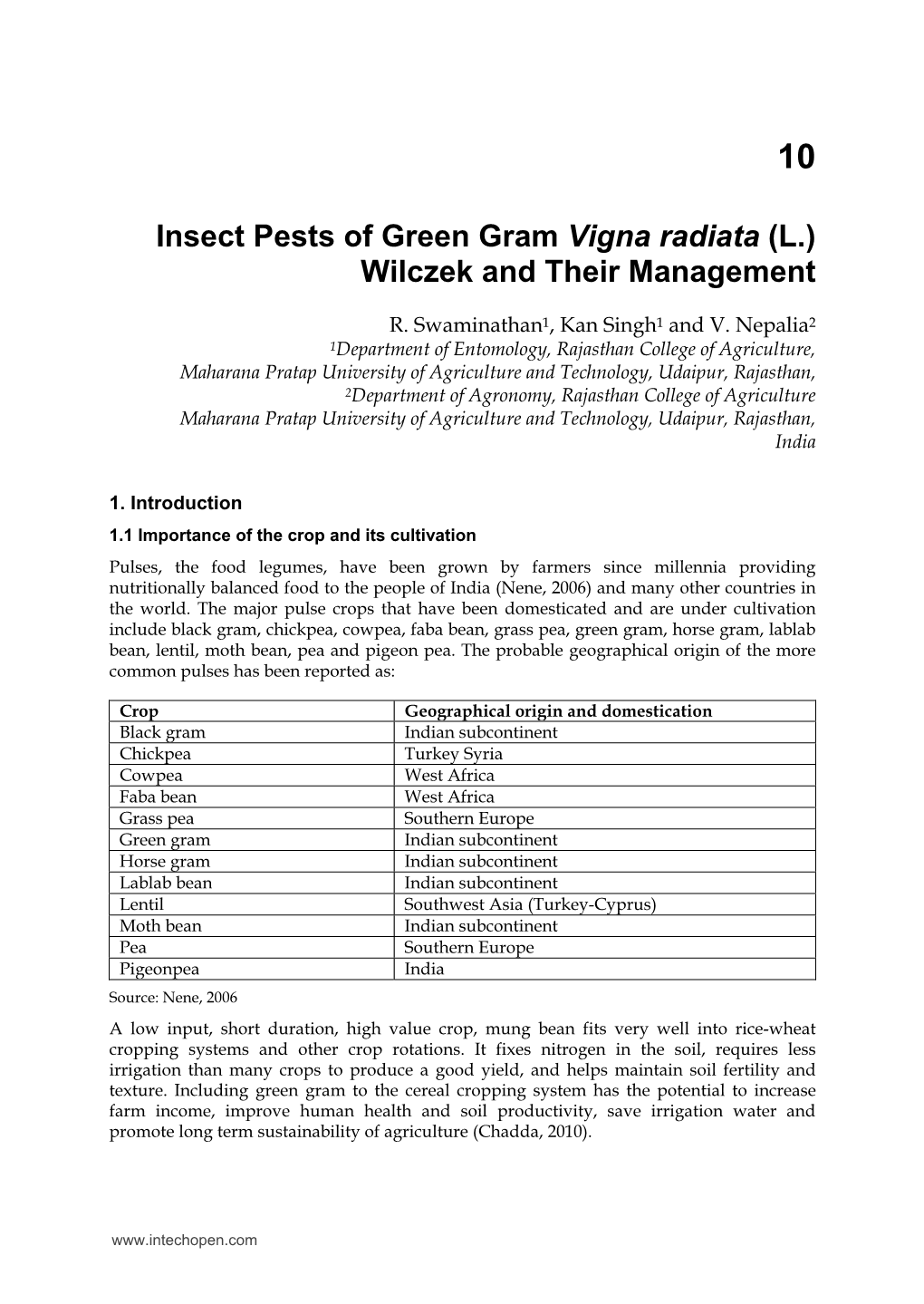 Insect Pests of Green Gram Vigna Radiata (L.) Wilczek and Their Management