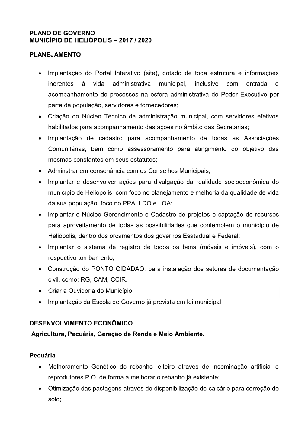 Plano De Governo Município De Heliópolis – 2017 / 2020