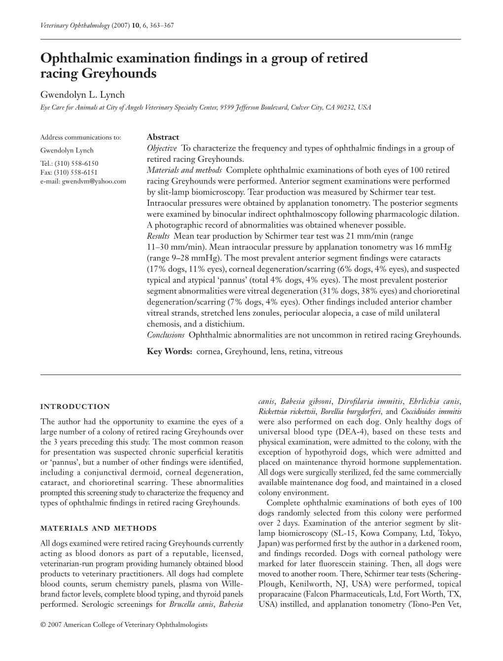 Ophthalmic Examination Findings in a Group of Retired Racing Greyhounds