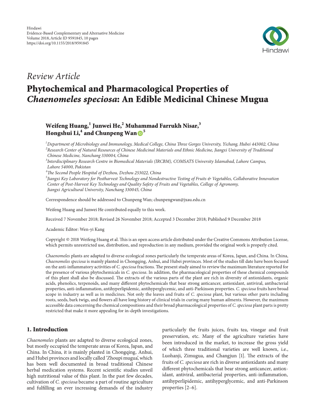 Review Article Phytochemical and Pharmacological Properties of Chaenomeles Speciosa: an Edible Medicinal Chinese Mugua