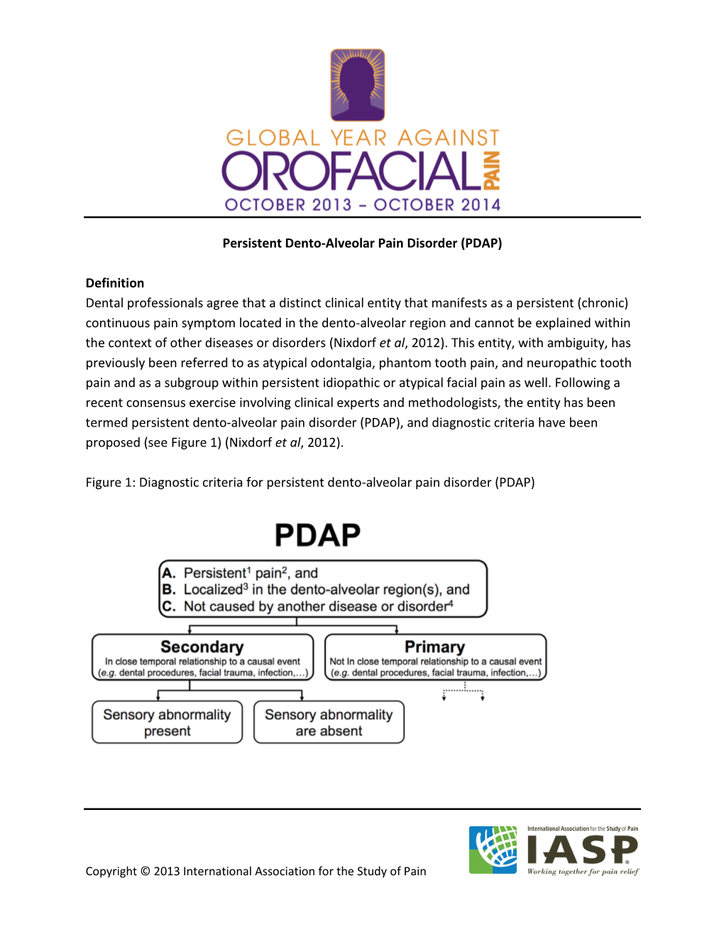 Persistent Dento-Alveolar Pain Disorder (PDAP) Definition Dental