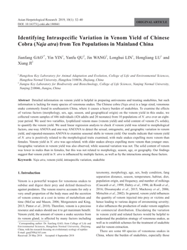 Identifying Intraspecific Variation in Venom Yield of Chinese Cobra (Naja Atra) from Ten Populations in Mainland China