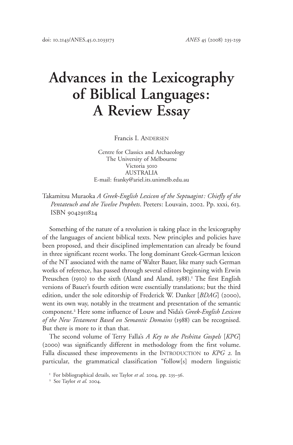 Advances in the Lexicography of Biblical Languages: a Review Essay