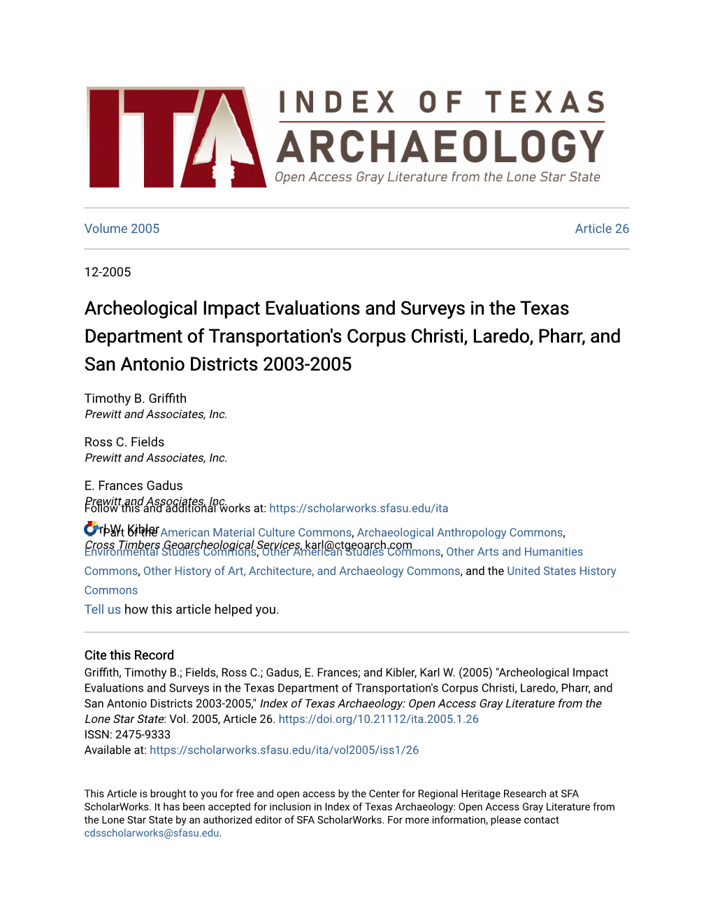 Archeological Impact Evaluations and Surveys in the Texas Department of Transportation's Corpus Christi, Laredo, Pharr, and San Antonio Districts 2003-2005