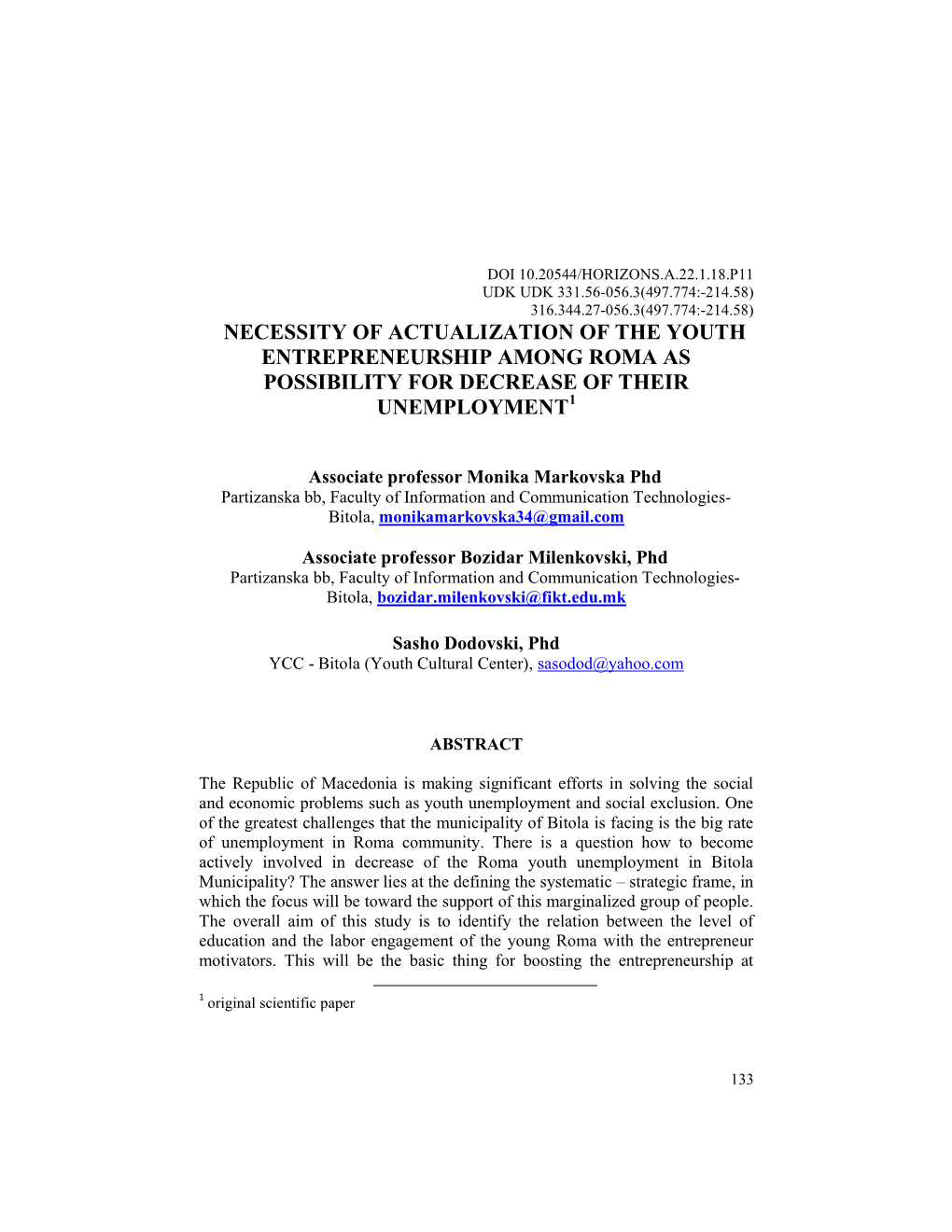 Necessity of Actualization of the Youth Entrepreneurship Among Roma As Possibility for Decrease of Their Unemployment1